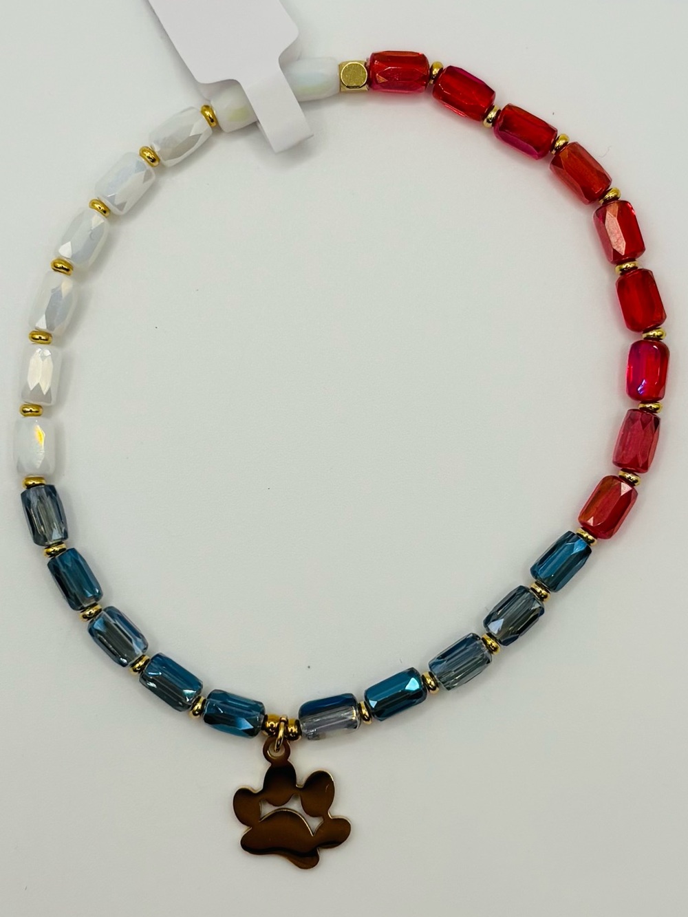 *ANKLET* S.Steel Gold Paw Print & AB Red White Blue Glass Stretchy Anklet - Picture 3 of 6
